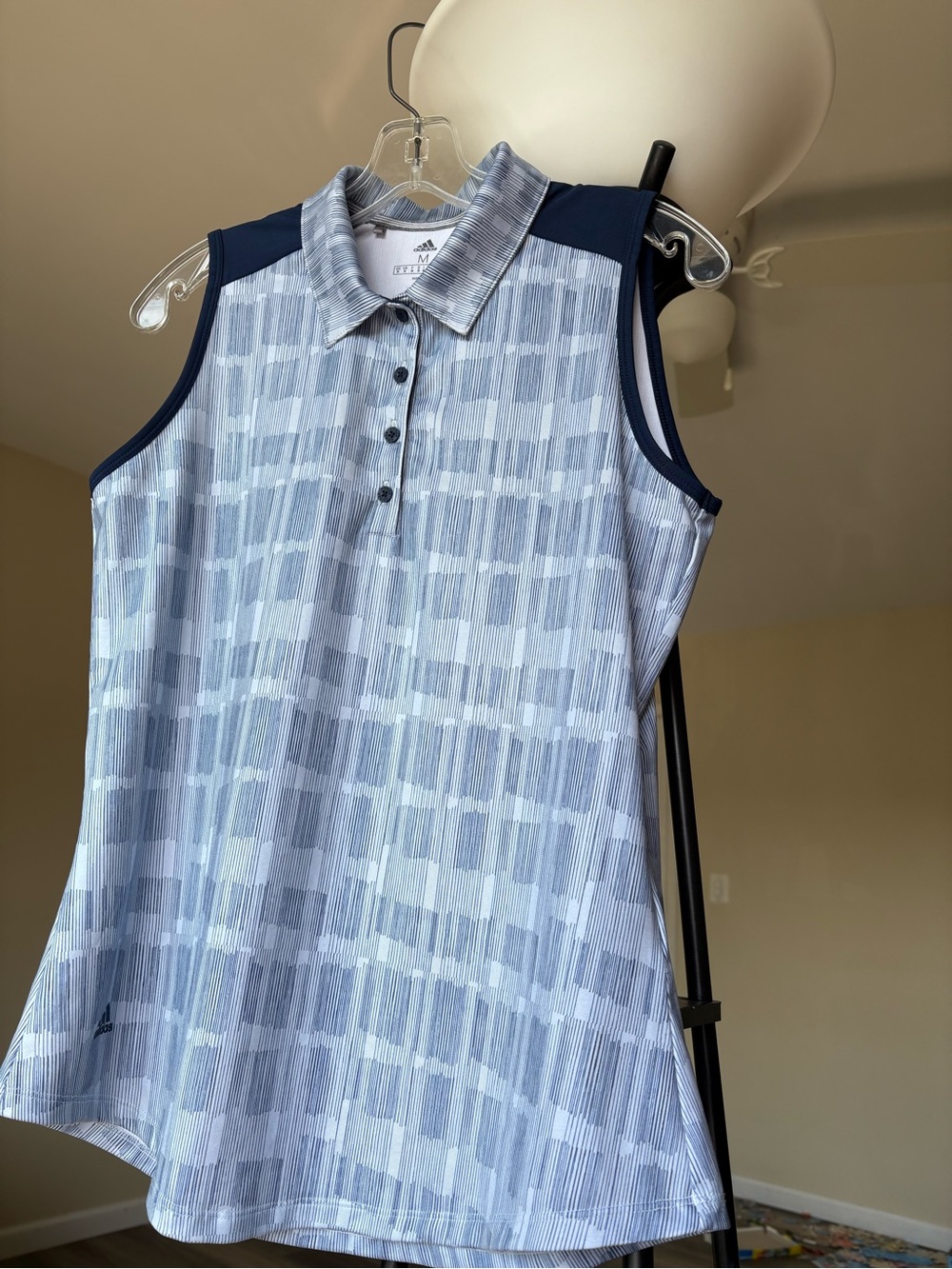 Adidas Golf Women M Sleeveless Polo Shirt White Gray Navy Geometric